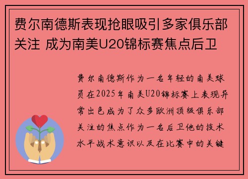 费尔南德斯表现抢眼吸引多家俱乐部关注 成为南美U20锦标赛焦点后卫