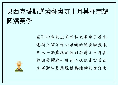 贝西克塔斯逆境翻盘夺土耳其杯荣耀圆满赛季