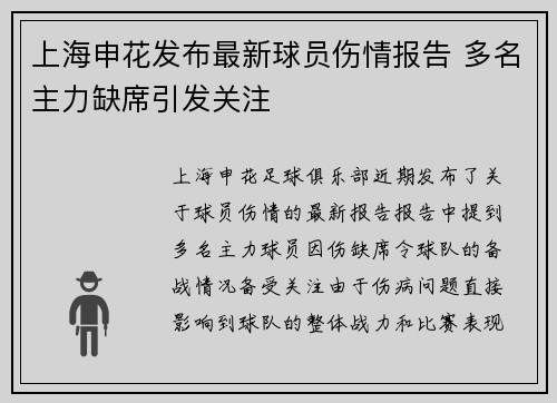上海申花发布最新球员伤情报告 多名主力缺席引发关注 上海申花发布最新球员伤情报告 多名主力缺席引发关注