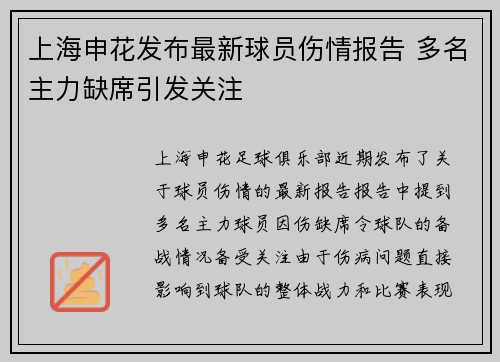 上海申花发布最新球员伤情报告 多名主力缺席引发关注 上海申花发布最新球员伤情报告 多名主力缺席引发关注