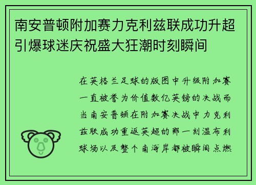 南安普顿附加赛力克利兹联成功升超引爆球迷庆祝盛大狂潮时刻瞬间 南安普顿附加赛力克利兹联成功升超引爆球迷庆祝盛大狂潮时刻瞬间